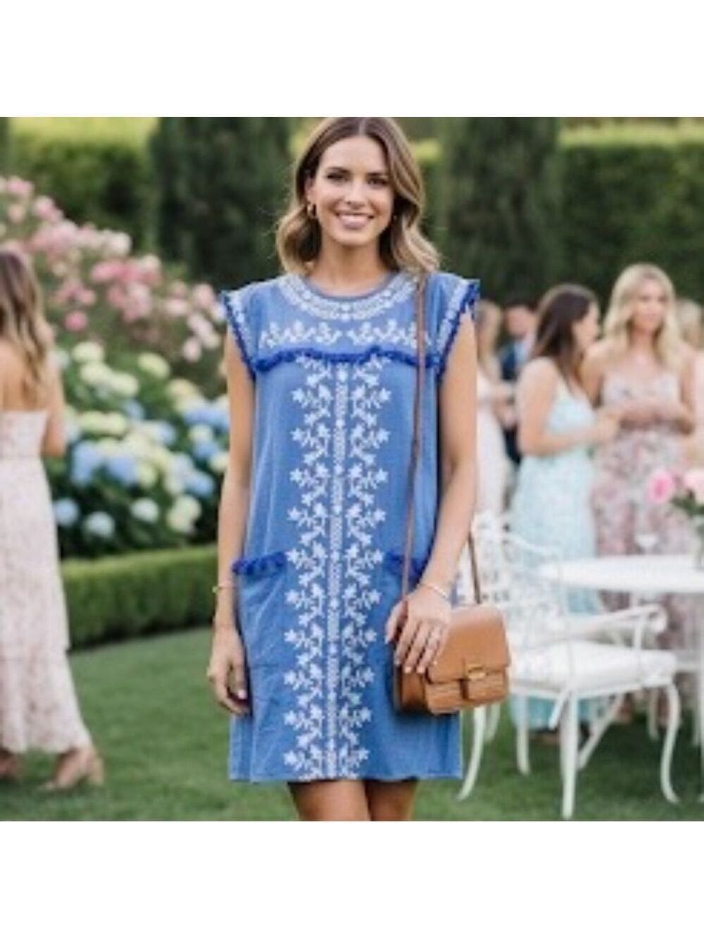 Tularosa X Revolve Chambray Embroidered Shift Dress Small Blue Pockets Bohemian